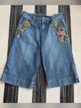 ECI Embroidered Floral Denim Bermuda Shorts - Blue with Pink & Orange Flowers 14